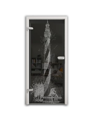 Ganzglastür Leuchtturm Gelasert Auf Grauglas