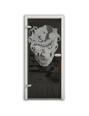 Ganzglastür Skull 4 Gelasert Auf Grauglas