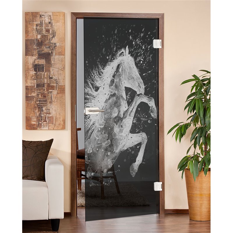 Ganzglastür flying Horse Gelasert Auf Grauglas Ganzglastür flying Horse Gelasert Auf Grauglas
