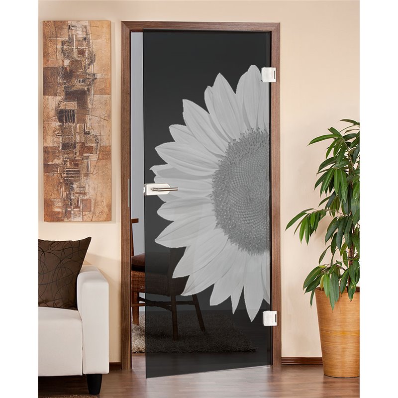 Ganzglastür Sonnenblume Gelasert Auf Grauglas Ganzglastür Sonnenblume Gelasert Auf Grauglas