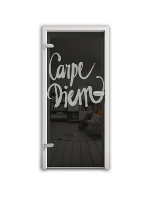 Ganzglastür Carpe Diem Gelasert Auf Grauglas