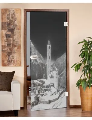 Ganzglastür Alpen Gelasert Auf Grauglas