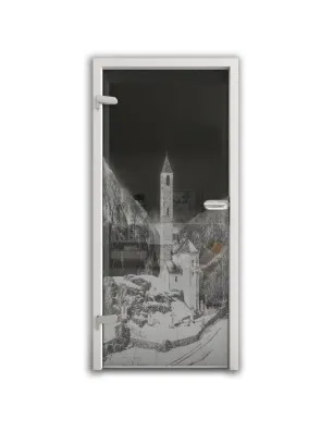 Ganzglastür Alpen Gelasert Auf Grauglas