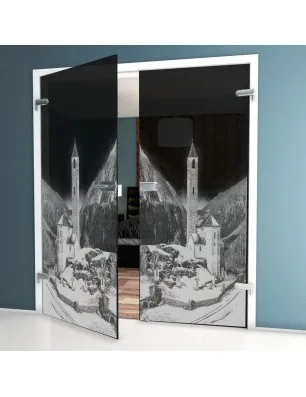 Ganzglastür Alpen Gelasert Auf Grauglas