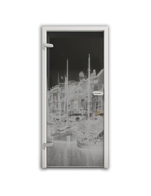 Ganzglastür Hafen Gelasert Auf Grauglas