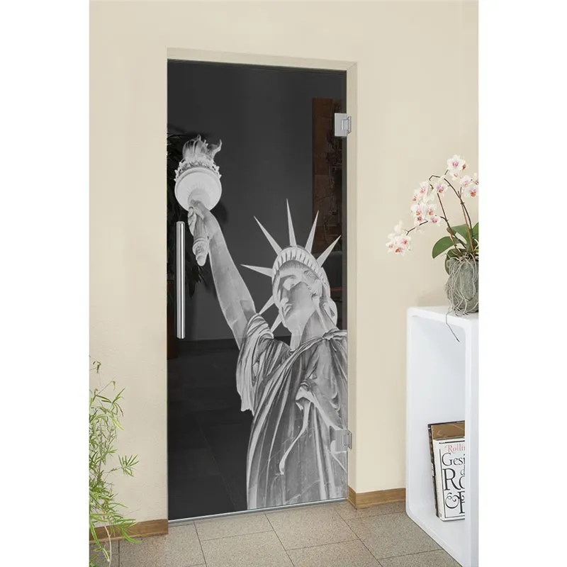 Pendeltür Freiheitsstatue Gelasert Auf Grauglas Pendeltür Freiheitsstatue Gelasert Auf Grauglas