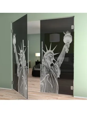 Pendeltür Freiheitsstatue Gelasert Auf Grauglas