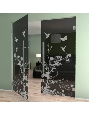 Pendeltür Birds Gelasert Auf Grauglas