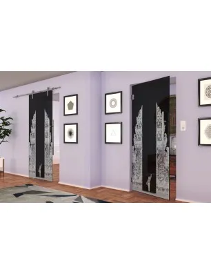 Pendeltür Cross Gelasert Auf Grauglas