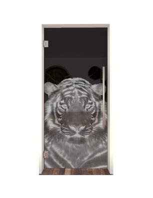 Pendeltür Tigerkopf Gelasert Auf Grauglas