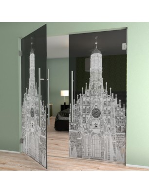 Pendeltür Frauenkirche Gelasert Auf Grauglas