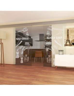 Glasschiebetür ECO-LINE Barber Shop Gelasert Auf Klarglas