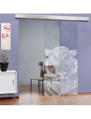Glasschiebetür ECO-LINE Tigerkopf Gelasert Auf Klarglas