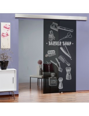 Glasschiebetür ECO-LINE Barber Shop Gelasert Auf Grauglas