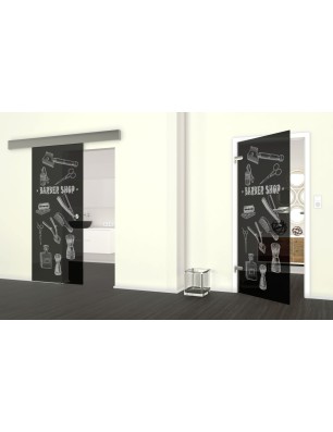 Glasschiebetür ECO-LINE Barber Shop Gelasert Auf Grauglas