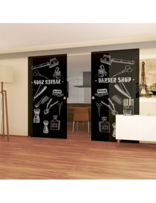 Glasschiebetür ECO-LINE Barber Shop Gelasert Auf Grauglas
