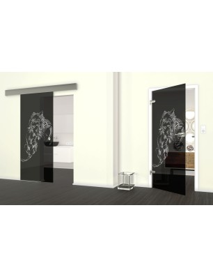 Glasschiebetür ECO-LINE Löwenmutter Gelasert Auf Grauglas