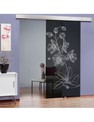 Glasschiebetür ECO-LINE Blume 9 Gelasert Auf Grauglas