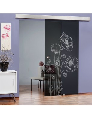 Glasschiebetür ECO-LINE Blume 10 Gelasert Auf Grauglas