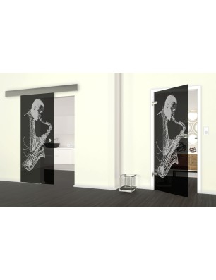 Glasschiebetür ECO-LINE Saksofonist Gelasert Auf Grauglas