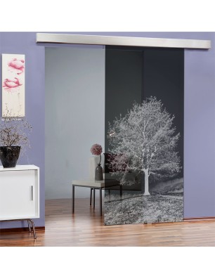 Glasschiebetür ECO-LINE Baum Gelasert Auf Grauglas