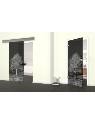 Glasschiebetür ECO-LINE Baum Gelasert Auf Grauglas
