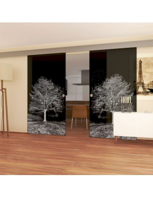 Glasschiebetür ECO-LINE Baum Gelasert Auf Grauglas