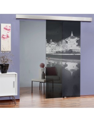Glasschiebetür ECO-LINE Pagode Gelasert Auf Grauglas