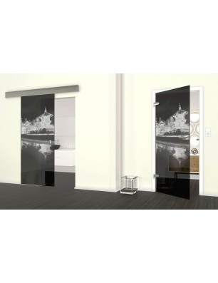 Glasschiebetür ECO-LINE Pagode Gelasert Auf Grauglas