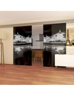 Glasschiebetür ECO-LINE Pagode Gelasert Auf Grauglas