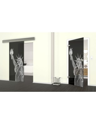 Glasschiebetür ECO-LINE Freiheitsstatue Gelasert Auf Grauglas
