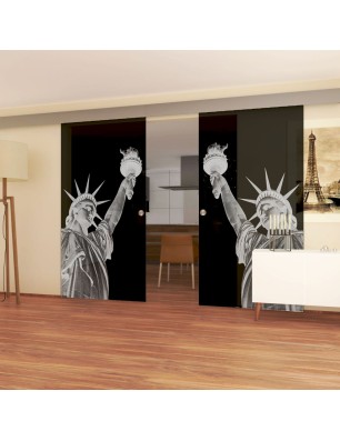 Glasschiebetür ECO-LINE Freiheitsstatue Gelasert Auf Grauglas