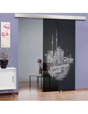 Glasschiebetür ECO-LINE Istanbul Gelasert Auf Grauglas