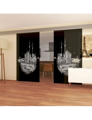 Glasschiebetür ECO-LINE Istanbul Gelasert Auf Grauglas