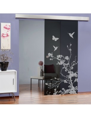 Glasschiebetür ECO-LINE Birds Gelasert Auf Grauglas