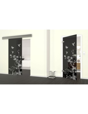 Glasschiebetür ECO-LINE Birds Gelasert Auf Grauglas