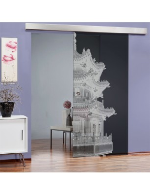 Glasschiebetür ECO-LINE Pagode II Gelasert Auf Grauglas