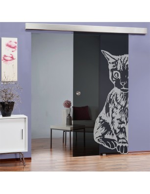 Glasschiebetür ECO-LINE Katze Gelasert Auf Grauglas