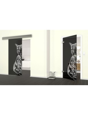 Glasschiebetür ECO-LINE Katze Gelasert Auf Grauglas