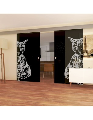 Glasschiebetür ECO-LINE Katze Gelasert Auf Grauglas