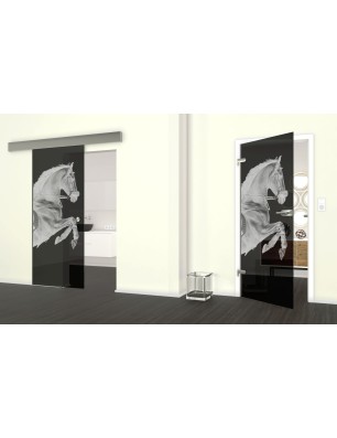 Glasschiebetür ECO-LINE Pferd Gelasert Auf Grauglas