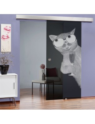 Glasschiebetür ECO-LINE Drinking Cat Gelasert Auf Grauglas