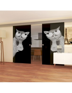 Glasschiebetür ECO-LINE Drinking Cat Gelasert Auf Grauglas