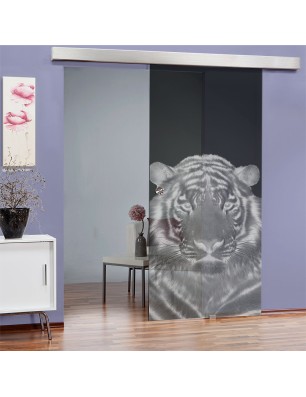 Glasschiebetür ECO-LINE Tigerkopf Gelasert Auf Grauglas