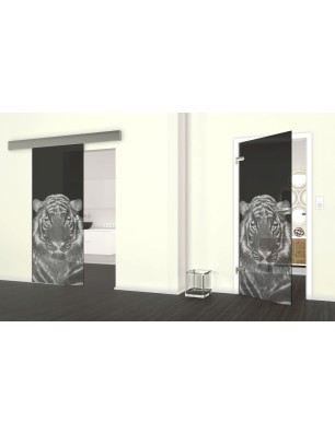 Glasschiebetür ECO-LINE Tigerkopf Gelasert Auf Grauglas