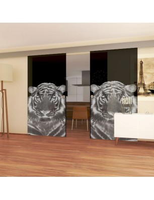 Glasschiebetür ECO-LINE Tigerkopf Gelasert Auf Grauglas