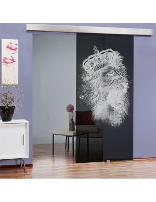 Glasschiebetür ECO-LINE Lionking Gelasert Auf Grauglas