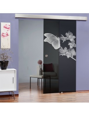 Glasschiebetür ECO-LINE Butterfly Gelasert Auf Grauglas