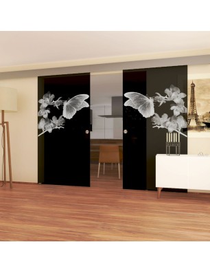 Glasschiebetür ECO-LINE Butterfly Gelasert Auf Grauglas