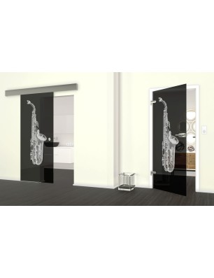 Glasschiebetür ECO-LINE Saksofon Gelasert Auf Grauglas